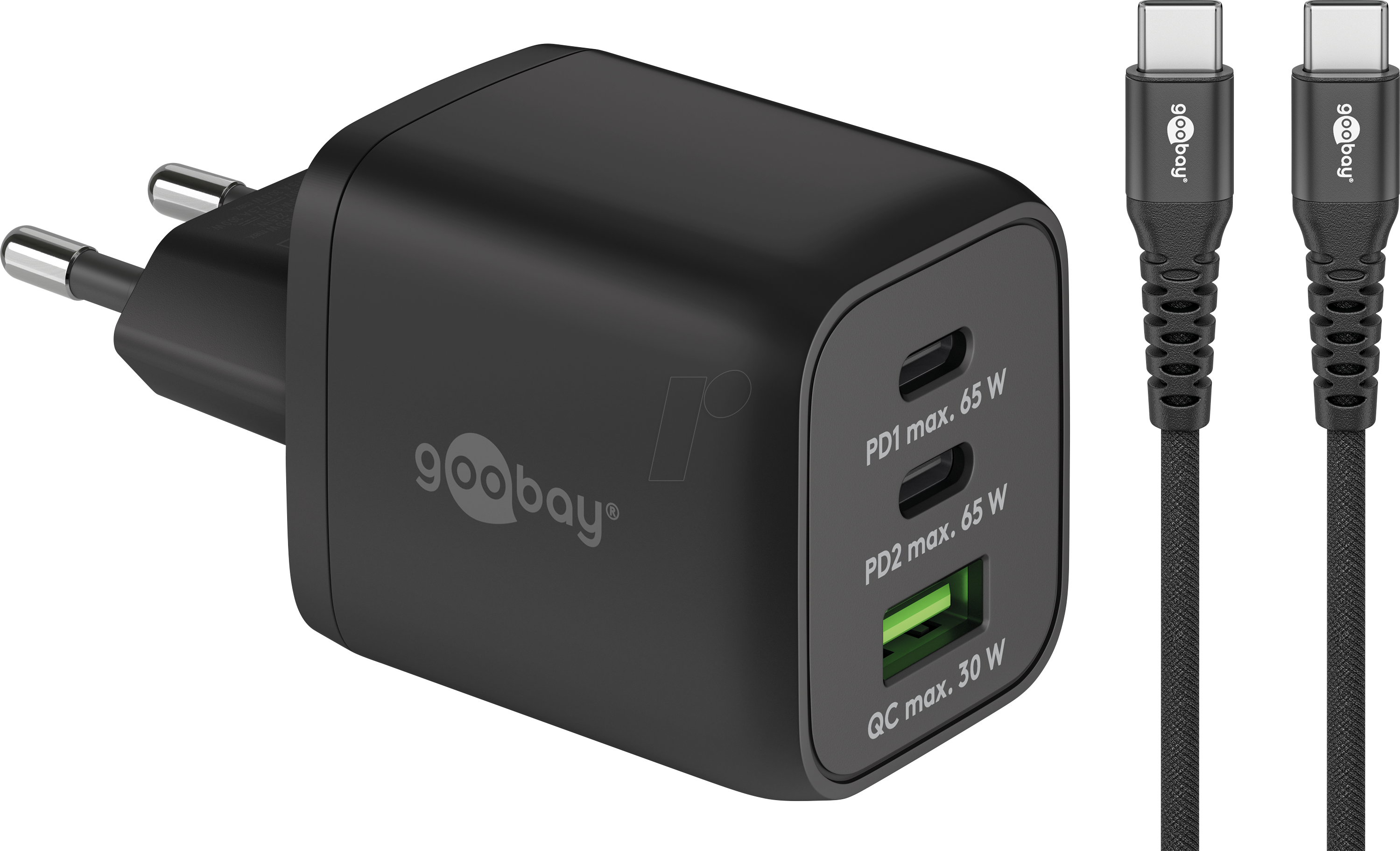 GOOBAY 77737 - USB-Ladegerät, 65 W, 2x USB-C (PD), 1x USB-A, Kabel, schwarz