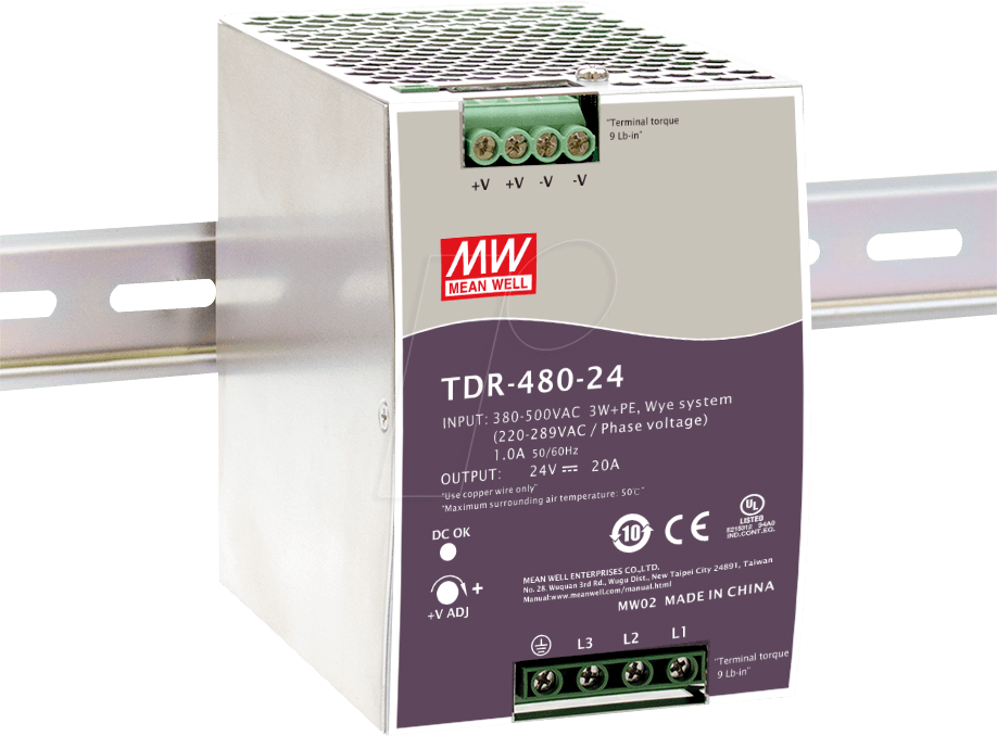 Thumbnail - MW TDR-480-24 - Schaltnetzteil, Hutschiene, 480 W 24 V, 20 A