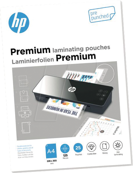 HP PLA9122 - Laminierfolien, Premium, DIN A4, 125 mic, gelocht, 25 Stück