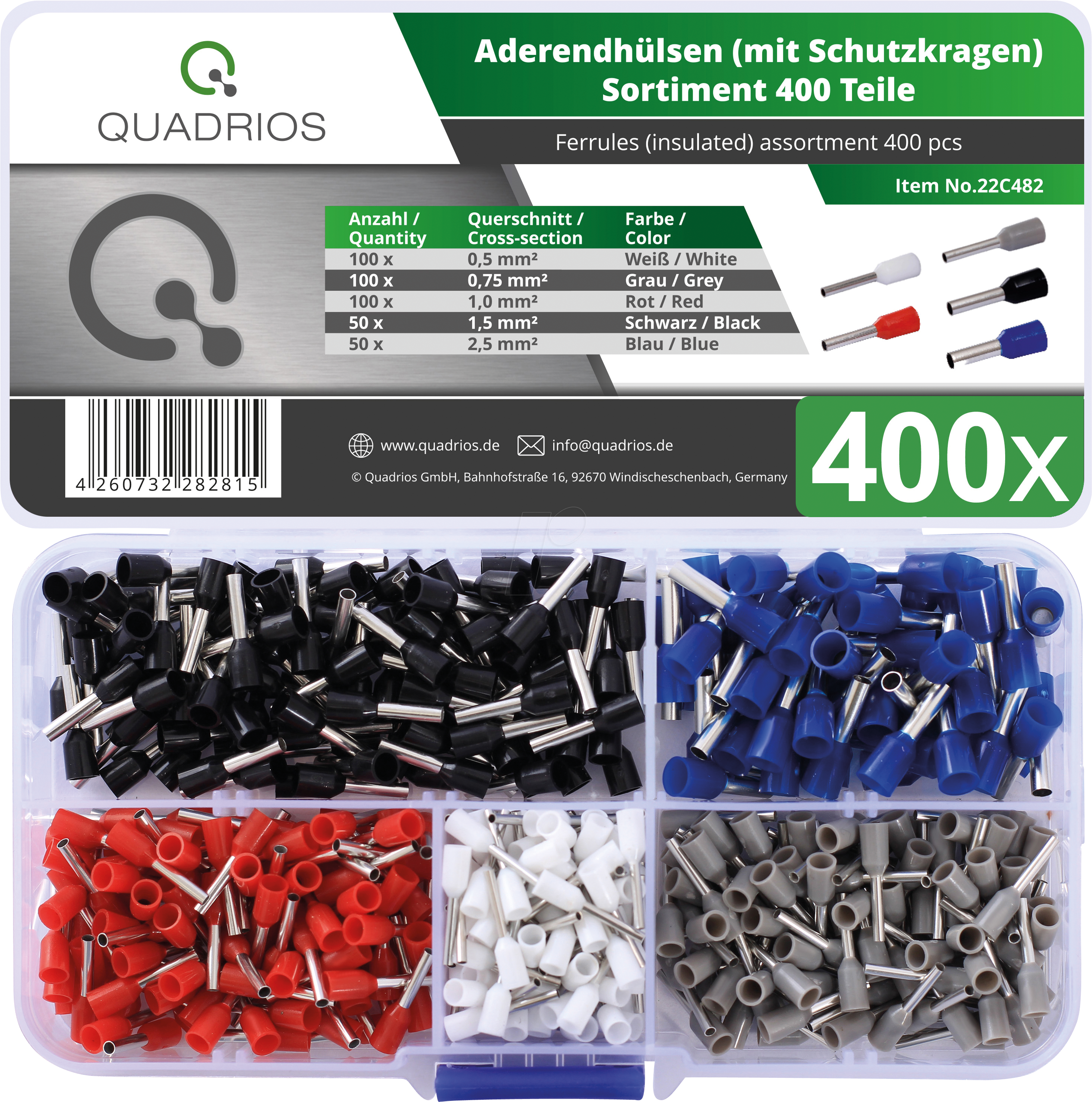 QUAD 22C482 - Aderendhülsen-Set isoliert, 400 Stück, 0,5 - 2,5 mm²