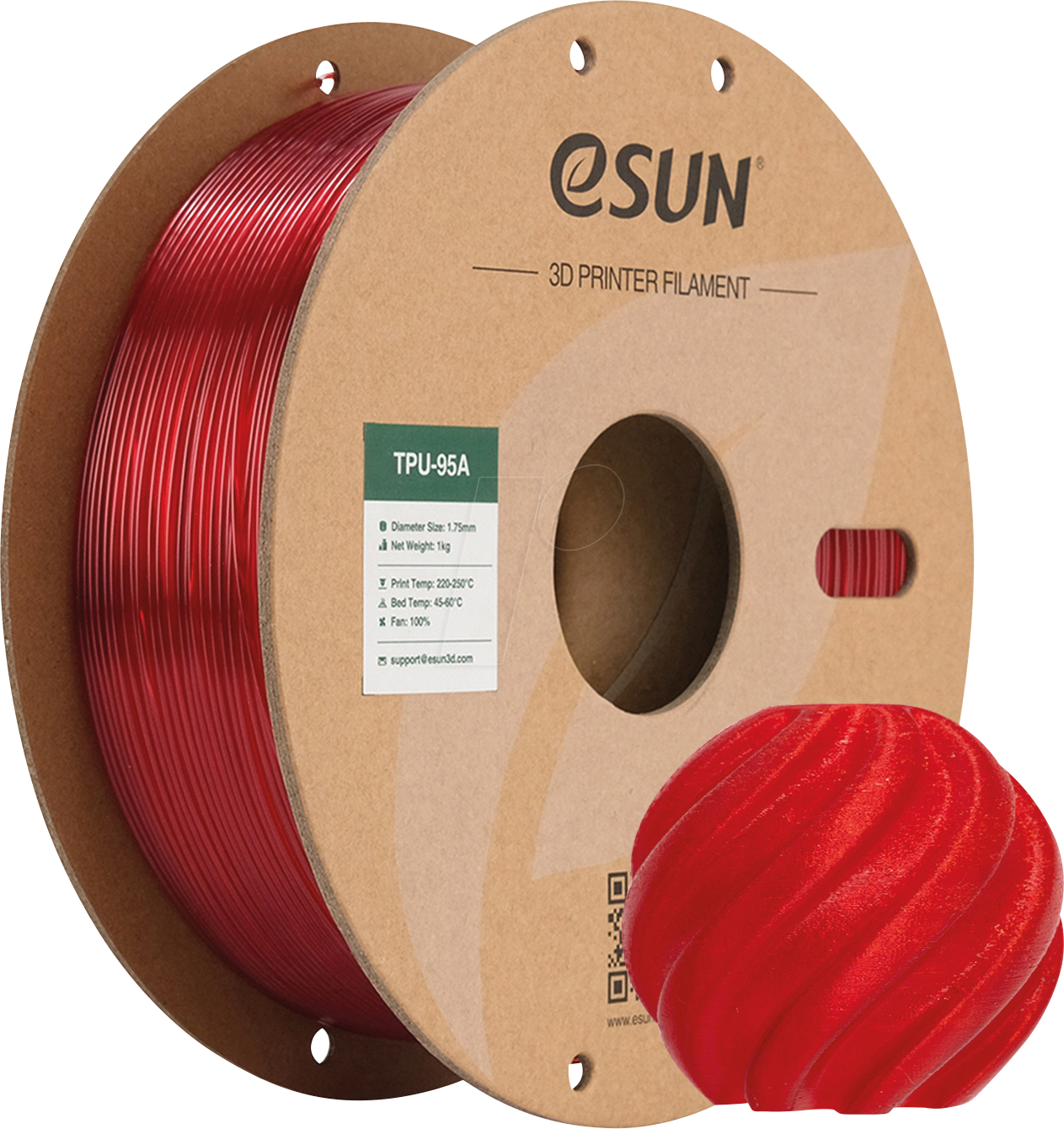 ESUN 72277052 - Filament, TPU-95A, 1,75 mm, durchscheinendes rot, 1 kg