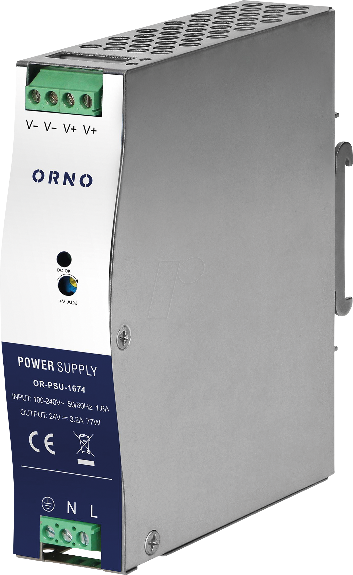 ORNO PSU-1674 - Schaltnetzteil, Hutschiene, 77 W, 24 V, 3,2 A, Metallgehäuse