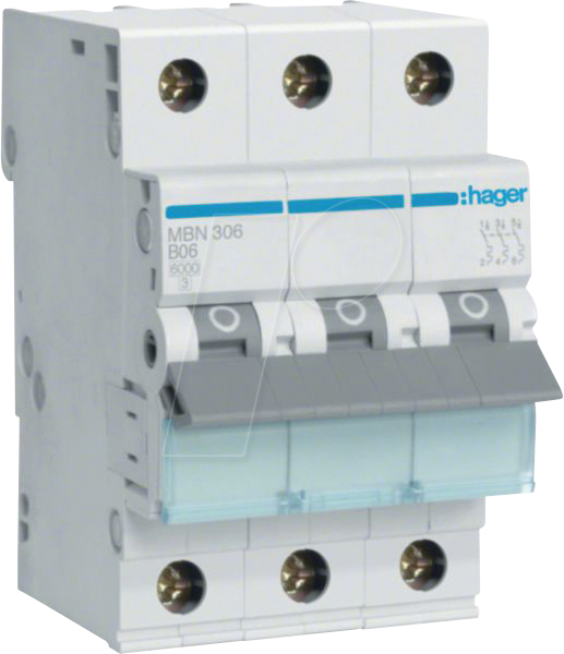 HAGER MBN306 - Leitungsschutzschalter 3 polig 6kA B-Charakteristik 6 A 3 Module