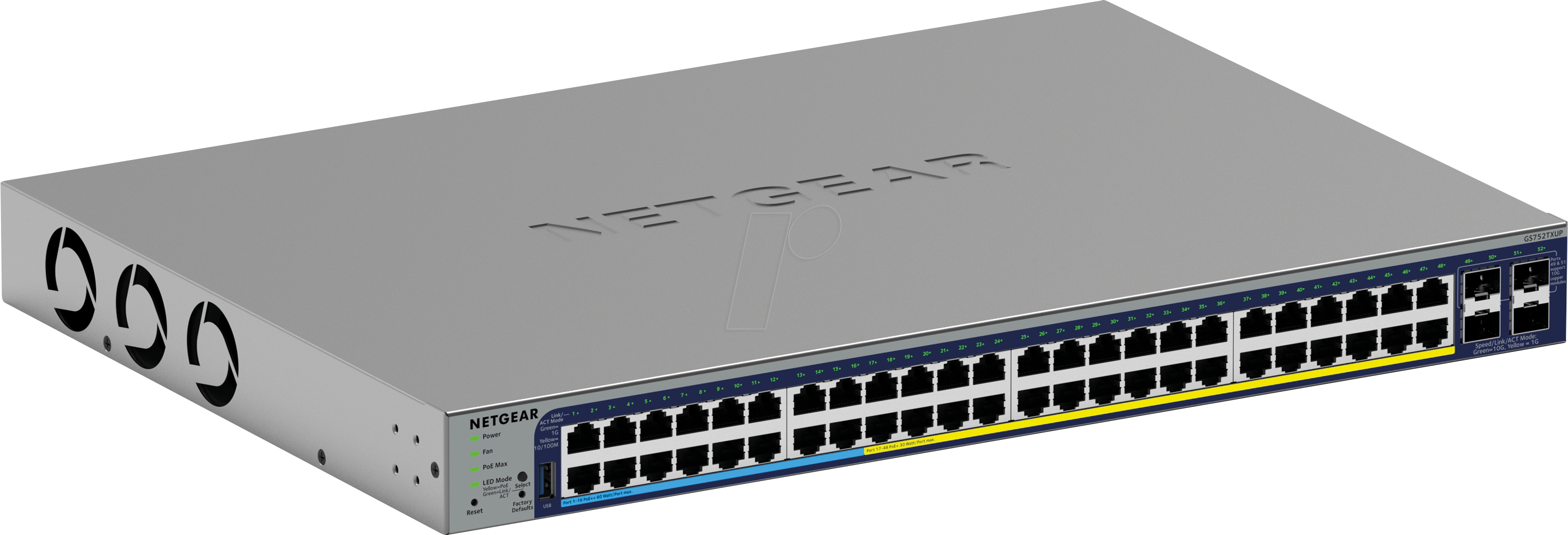 Thumbnail - NETGEAR GS752TXU - Switch, 48-Port, Fast Ethernet, PoE++, SFP+