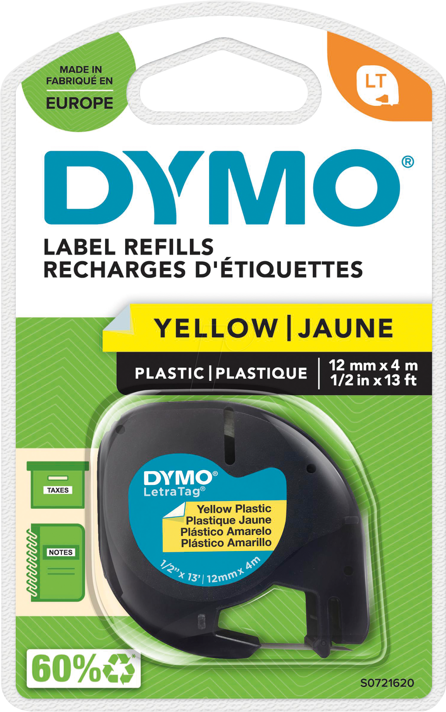 DYMO S0721620 - Beschriftungsband, Plastik, schwarz/gelb, LetraTag®
