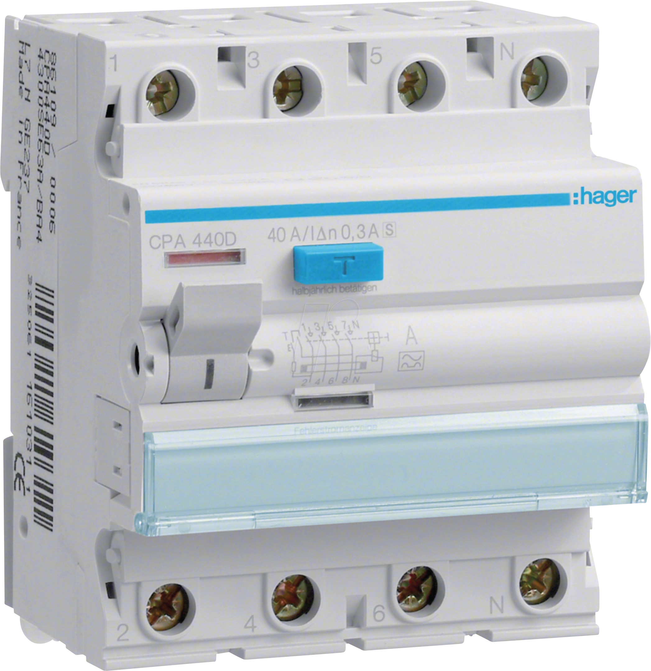 HAGER CPA440D - FI- Schutzschalter, 4-polig, 6kA, 40A, 300mA, Typ S, selektiv