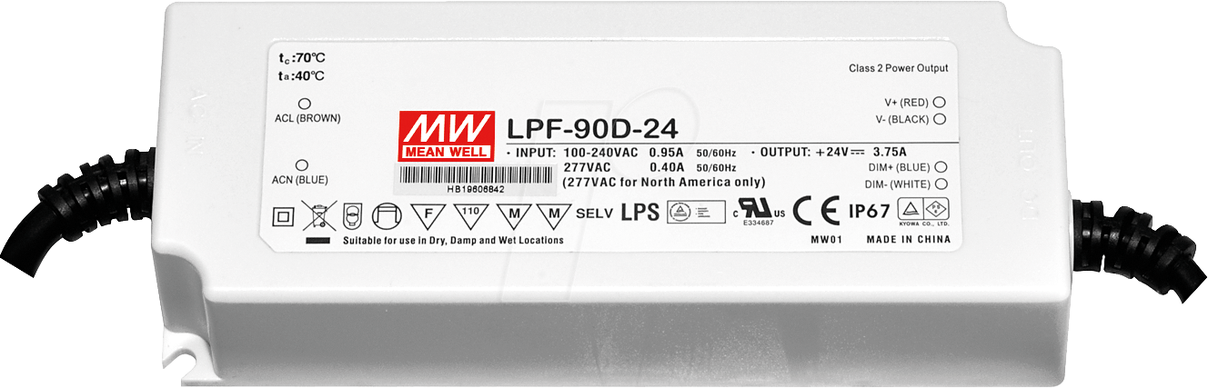 MW LPF-90D-24 - LED-Trafo, 90 W, 24 V DC, 3750 mA, dimmbar, 3-in-1