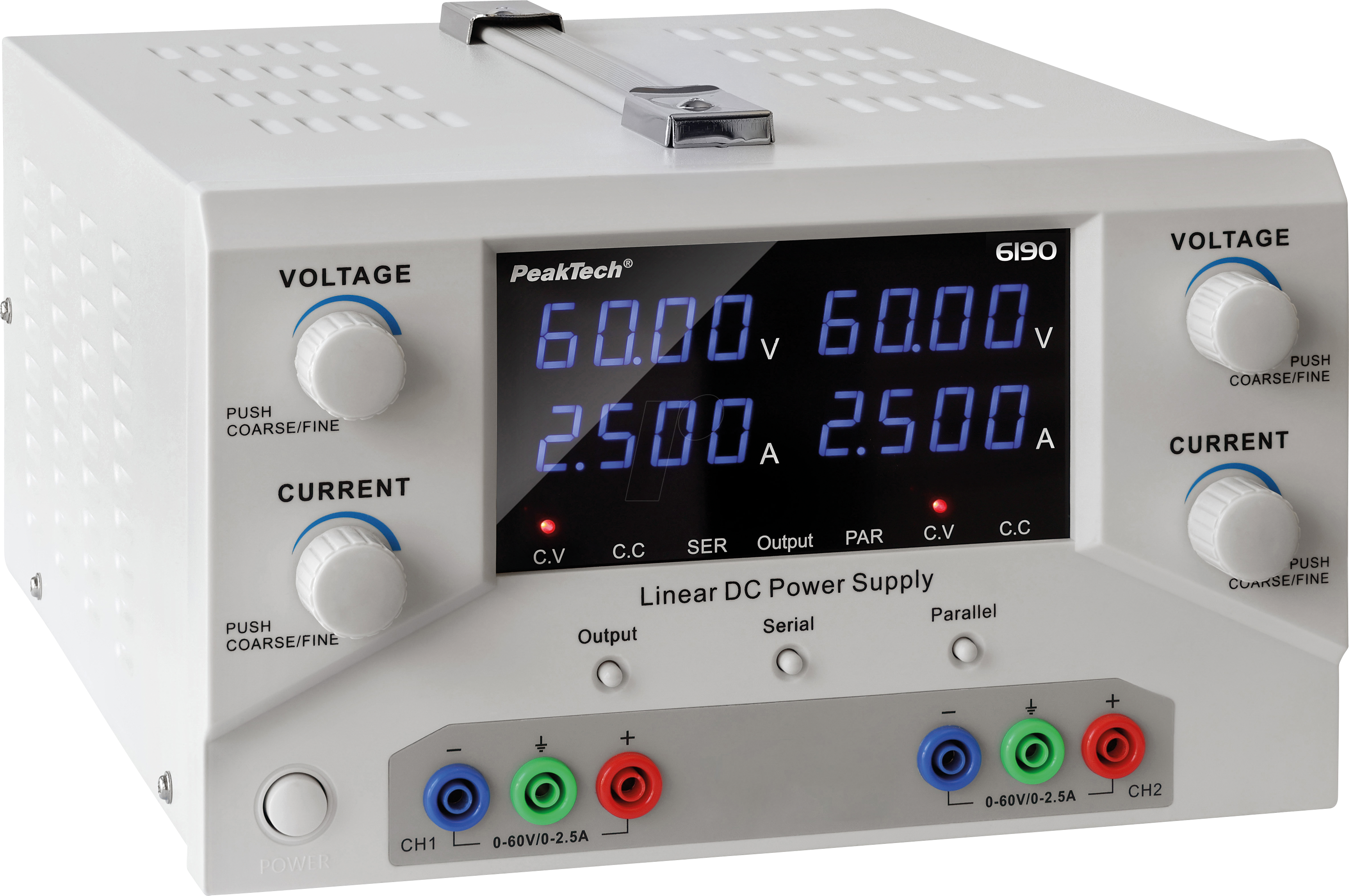 Thumbnail - PEAKTECH 6190 - Labornetzgerät, 0 - 60 V, 0 - 2,5 A, 150 W, 2 Kanäle, linear