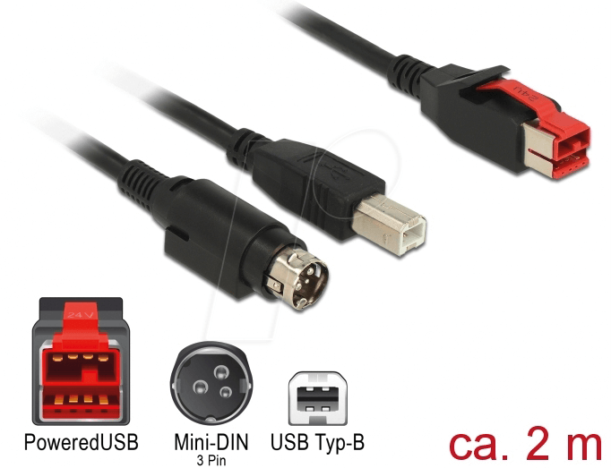 Thumbnail - DELOCK 85488 - PoweredUSB Kabel Stecker 24V > USB B + Mini-DIN 3 Pin, 2 m