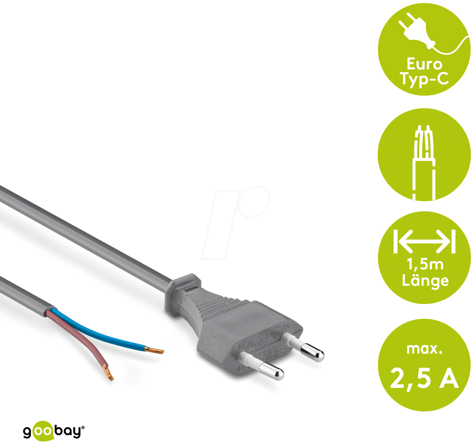 GOOBAY 51346 - Kabel mit Eurostecker mit offenen Enden, 1,5 m, grau