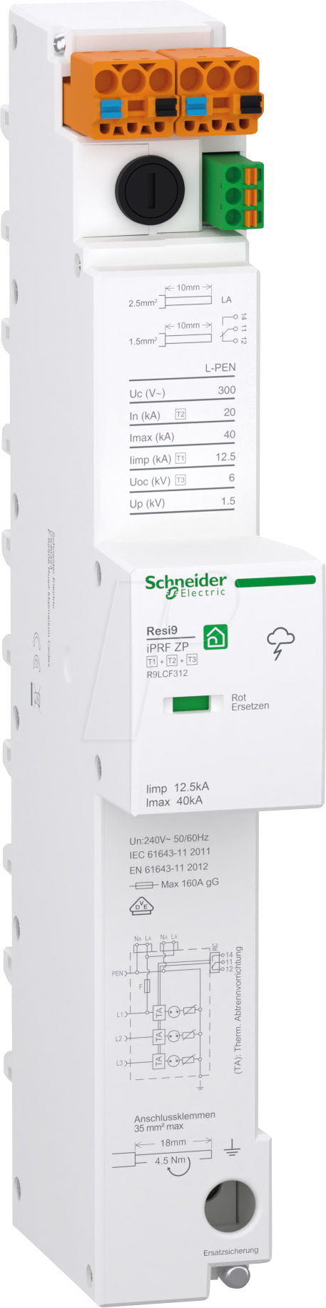 R9LCF312 - Kombiableiter 12,5 kA, TNC, 3P, ZP, T1-3, Resi 9 iPRF