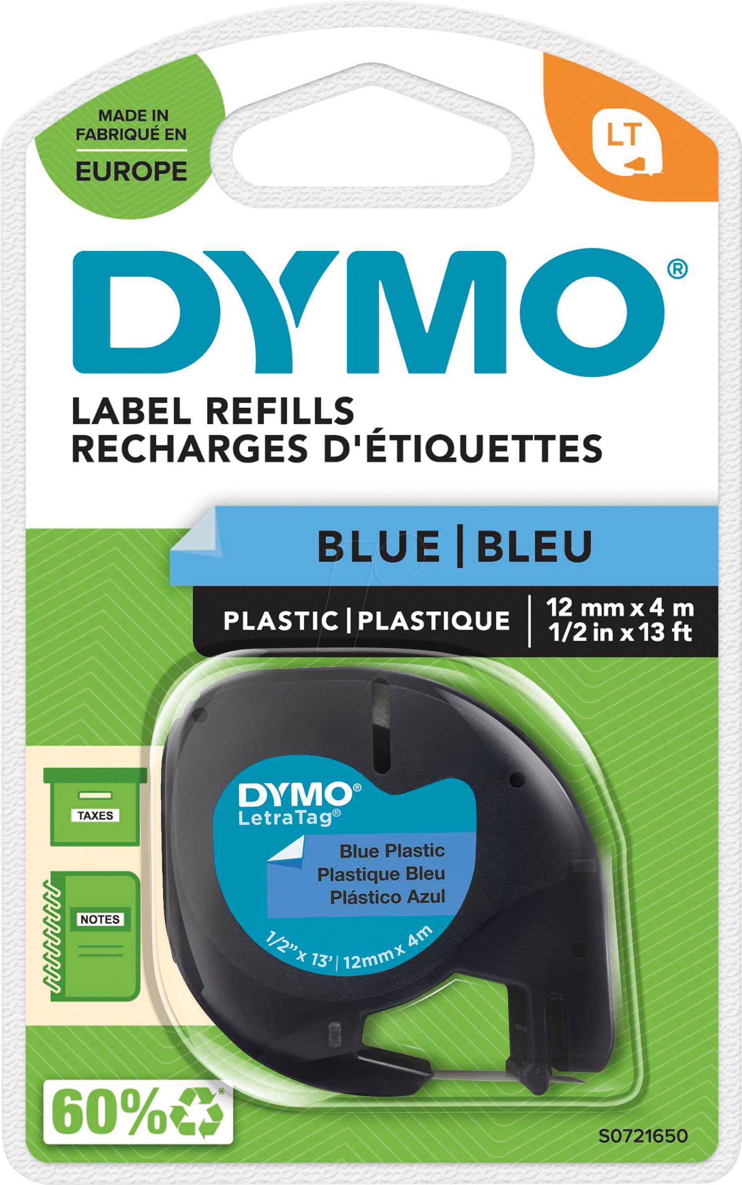 DYMO S0721650 - Beschriftungsband, Plastik, schwarz/blau, LetraTag®