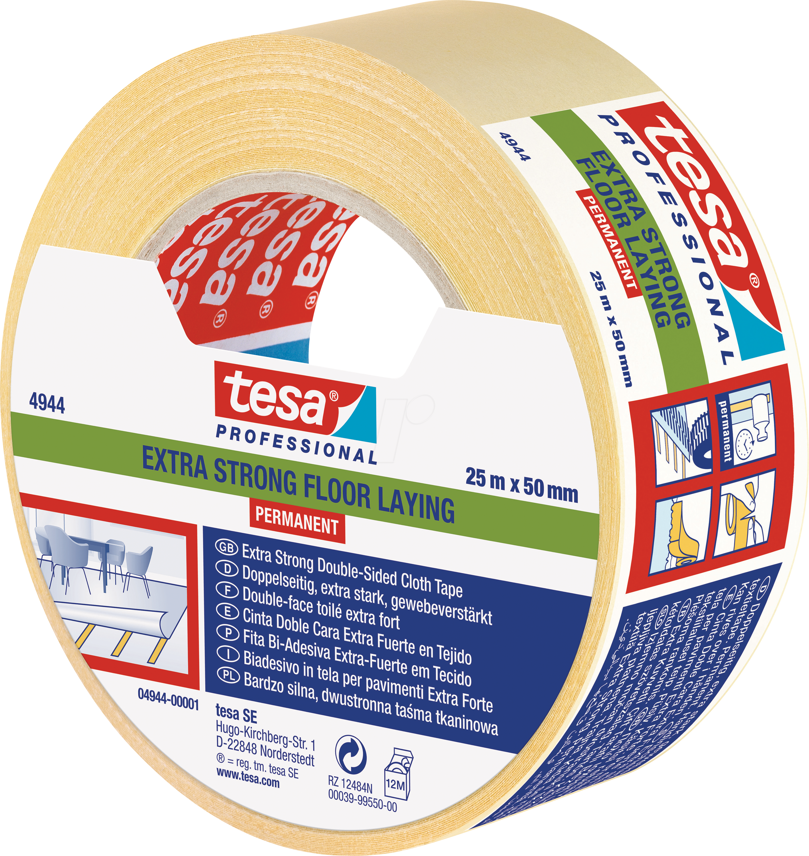 TESA 04944 - tesafix Verlegeband extra stark, permanent, 25m x 50mm