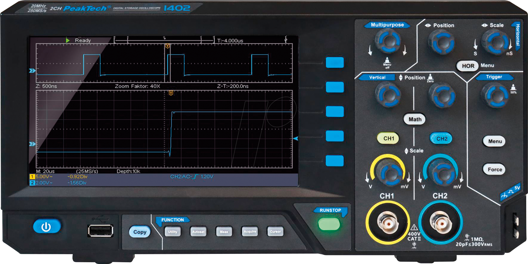 PEAKTECH 1402 - Digital-Speicher-Oszilloskop, 20 MHz, 2 Kanäle
