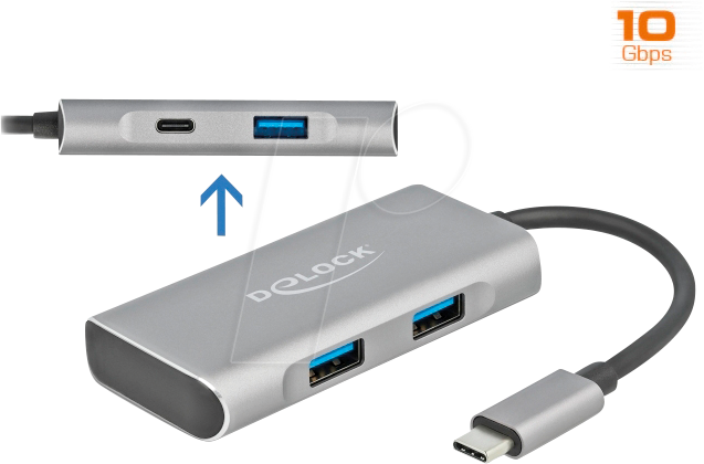 DELOCK 63261 - USB 3.1 Hub, 4 Port, USB-C zu 3x USB-A, 1x USB-C