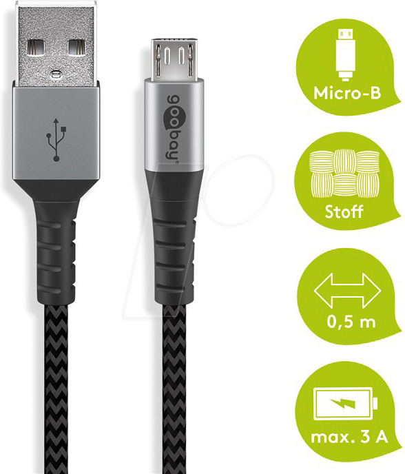 GOOBAY 49273 - Sync- & Ladekabel, USB-A > Micro-B, 0,5 m,Textil, schwarz