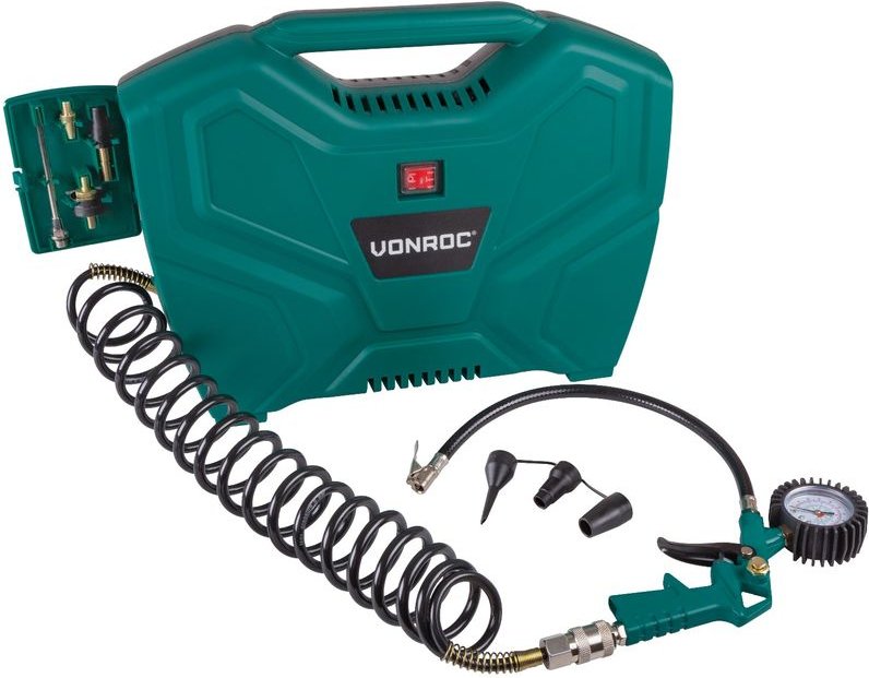 Vonroc - Tragbarer Kompressor 1100 w – 8 bar – Ölfrei – 180 l/m – Inkl. 11 Zubehörteile