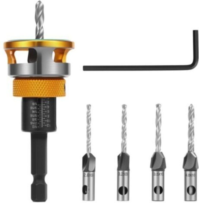 Anfasbohrer-Set, Holzfräser mit einstellbarem Tiefenanschlag, Aluminium mit 1/4"-Sechskantschaft, HSS-M2, Senkkopfbohrer...