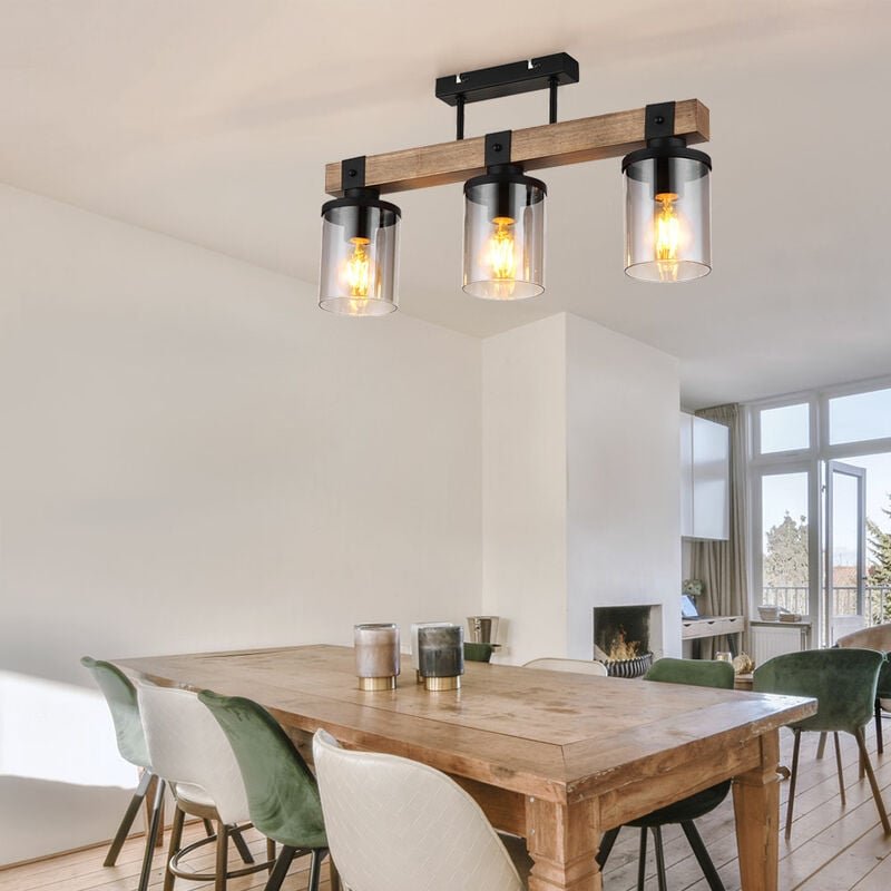 Thumbnail - Deckenlampe Deckenleuchte Holzlampe Esszimmerleuchte Wohnzimmer, 3 flammig, Landhaus Holzoptik braun Rauchglas schwarz, ...