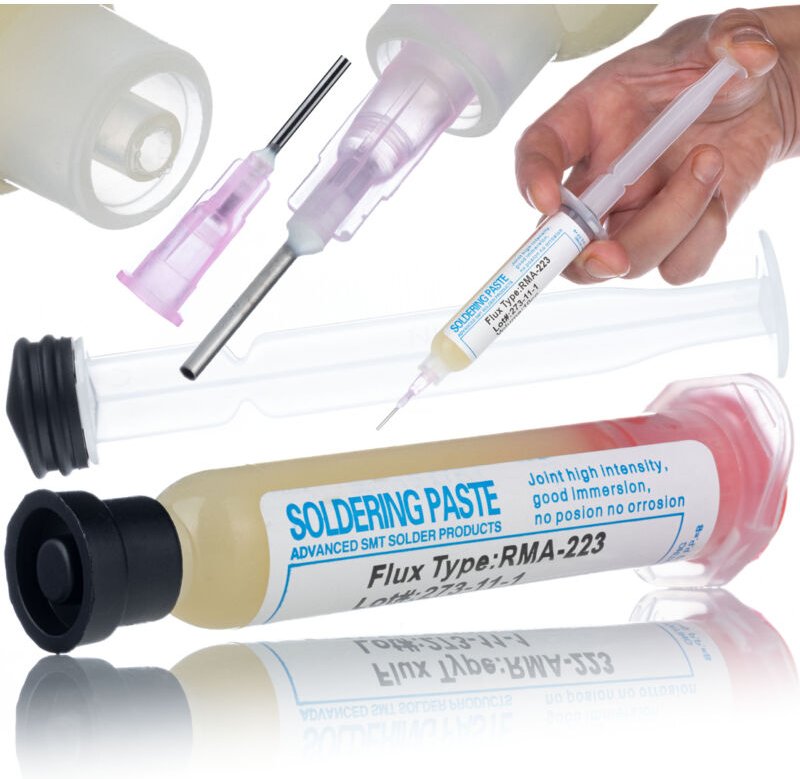 Flussmittel RMA-223 mit einem Kolben und einer Nadel