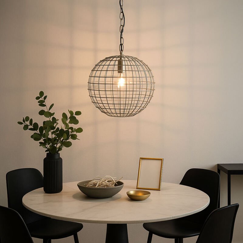 Hängeleuchte Retro silber Esszimmerlampe hängend Käfig Kugellampe Gitter, Metall, 1x E27 Fassung, DxH 30 x ca. 108 cm
