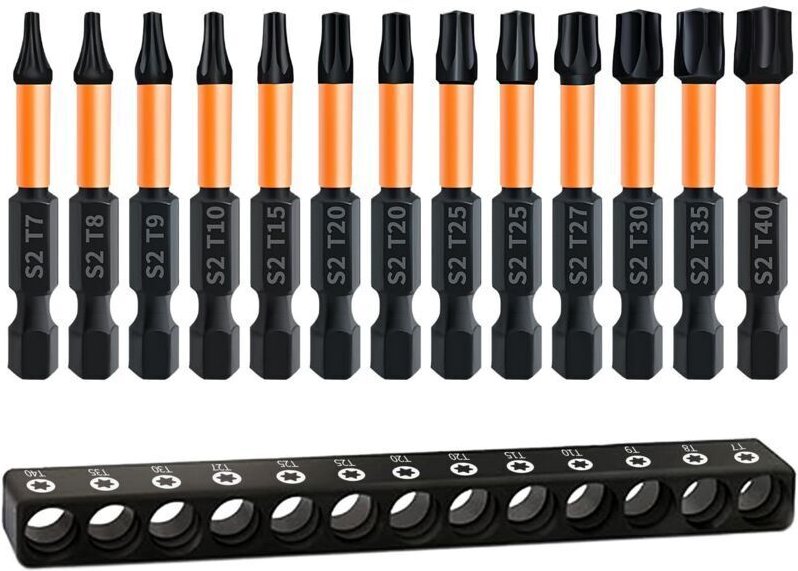 Set mit 13 Torx-Schraubendreherbits, 50 mm lang, mit 1/4"-Sechskantschaft und Formgedächtniskern, T7/T8/T9/T10/T15/T20/T...