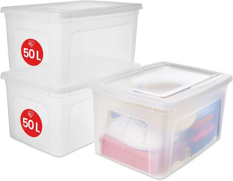 Vielseitige Aufbewahrungsboxen, 50L, 3er-Set, Transparent, Deckel leicht schließbar, Stapelbar, Plastik, Für Schrank, Re...