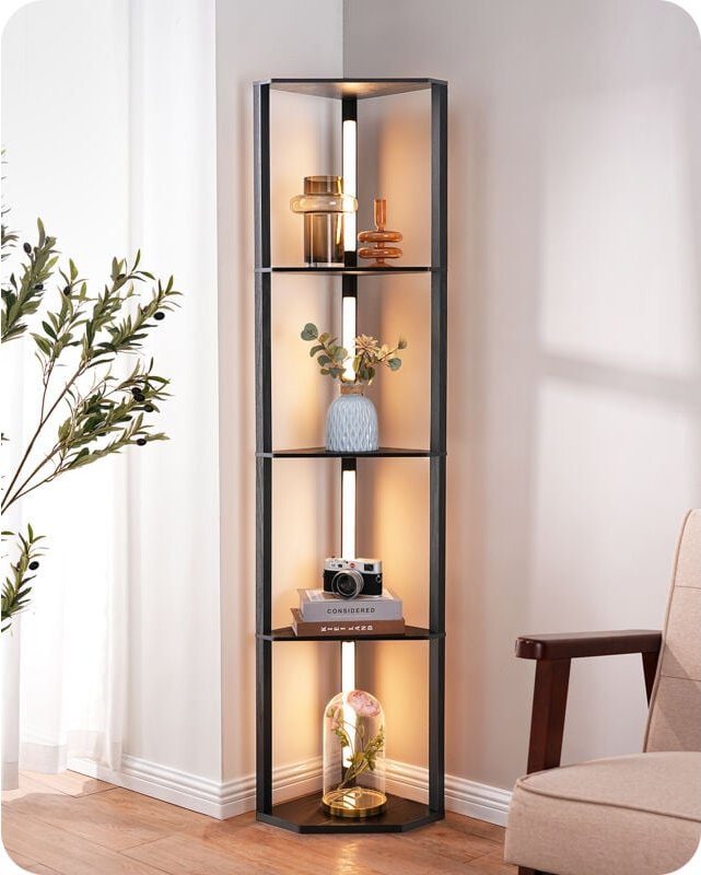 EDISHINE Stehlampe mit 4 Holz-Regal, LED Dimmbar Stehleuchte 3-Farbtemperatur mit 360° Drehbarer Lichtmast, Fußschalter,...