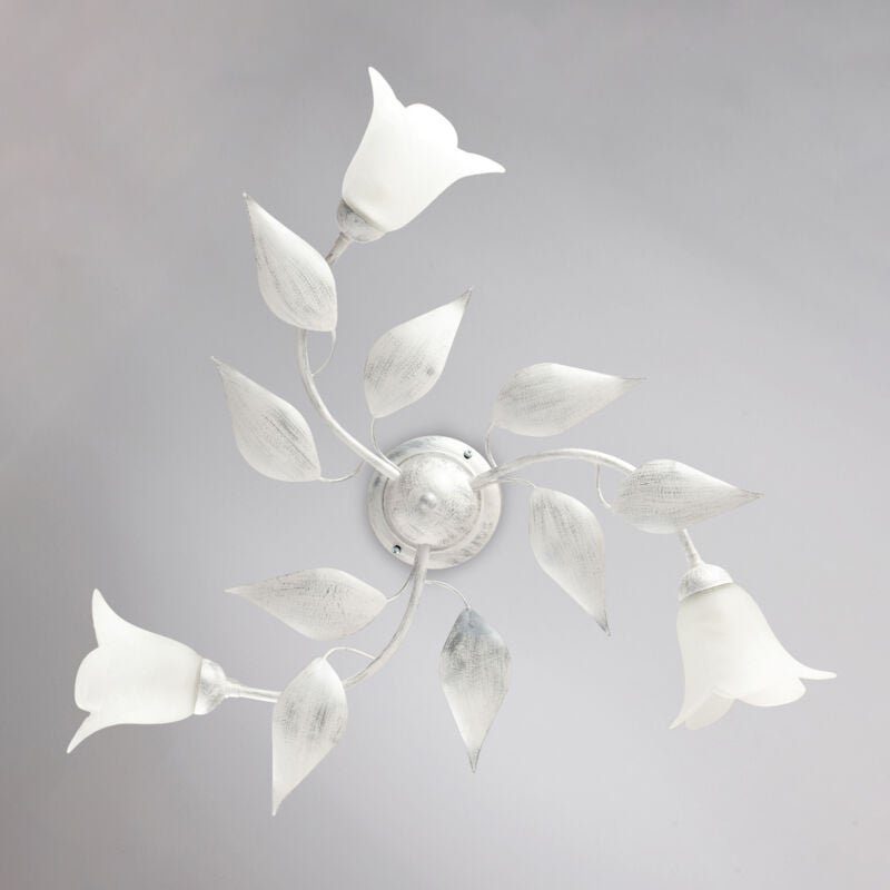 Weiß Silber Eisen Deckenlampe mit drei Lichtern Alabaster Weißglas 67x h20 cm