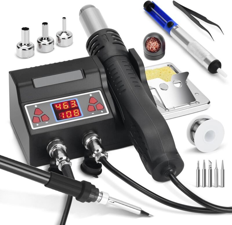 2 IN 1 Lötstation Heißluft Lötstation, Lötkolben Station Entlötstation mit LED-Display, 700W 100-480℃ Einstellbare Tempe...