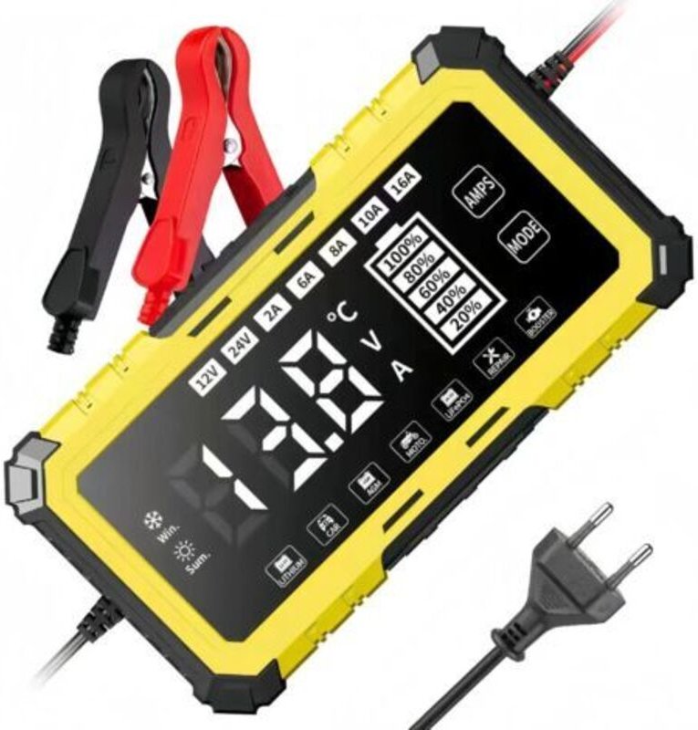 SWT-1608 Gelbes 12V/24V/15A Kfz-Batterieladegerät für Lithium-Eisenphosphat- und Blei-Säure-Batterien, 12V-Ladegerät kom...