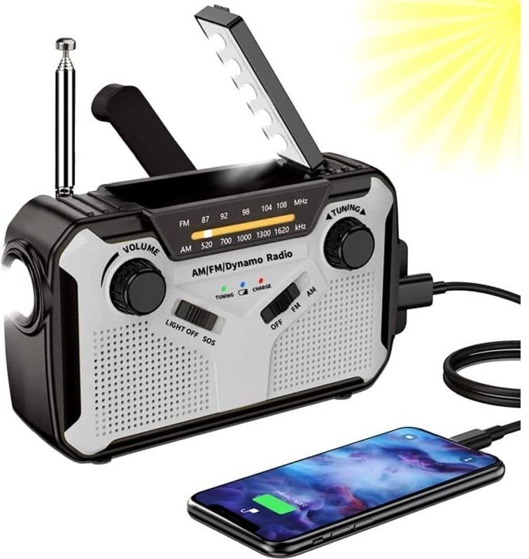 Solarradio, tragbares AM/FM-Radio mit Handkurbel, Notstromaggregat mit wiederaufladbarem 4000-mAh-Akku, LED-Taschenlampe...