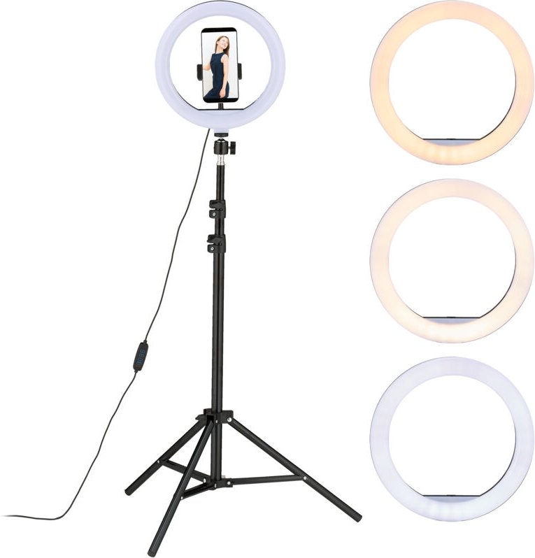 Relaxdays LED Ringlicht mit Stativ, 10" Ringleuchte dimmbar, Make-up, Fotografie & Videos, Lichtring Handy, weiß/schwarz