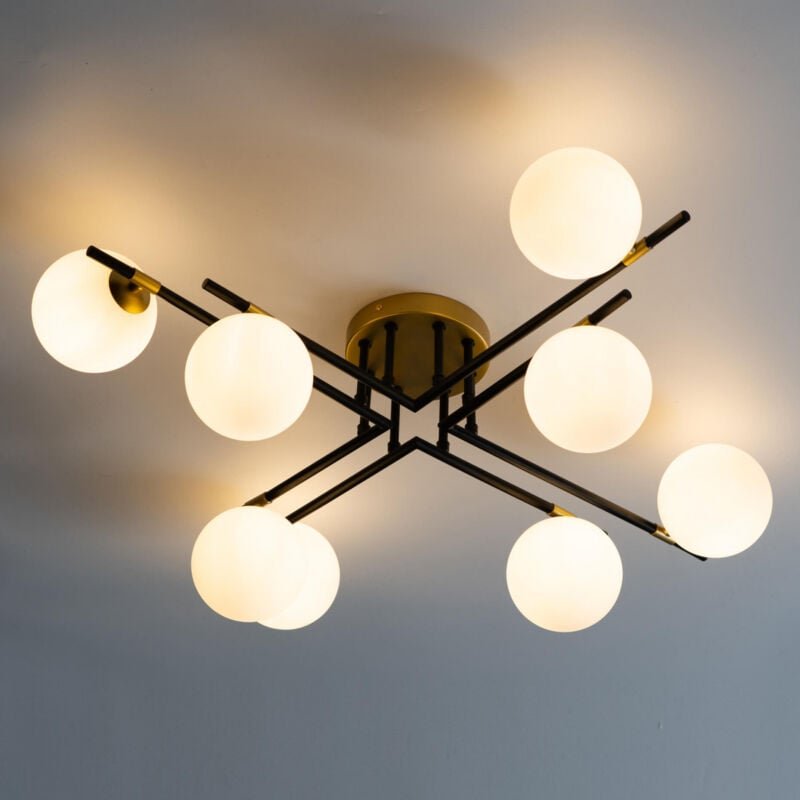 Kosilum - Große Deckenleuchte in warmem Schwarz-Gold mit 8 Weißglaskugeln - Mattina