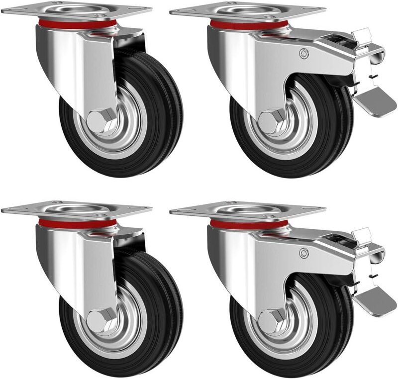 Satz mit 4 75-mm-Lenkrollen mit Bremse – Möbelrollen bis 50 kg pro Rad – Schwerlast – Gummi für den Innen- und Außenbere...