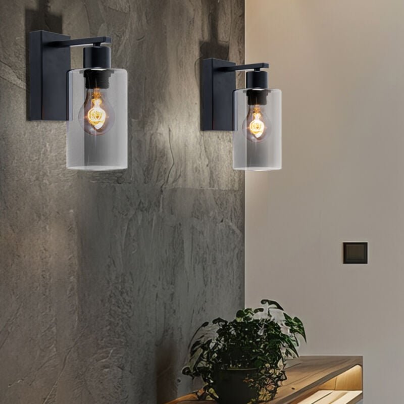 Wandleuchte Vintage Innen Wandlampe schwarz Industrial Wandspot rauchfarben, Retrostil Zylinder, Metall schwarz matt Gla...