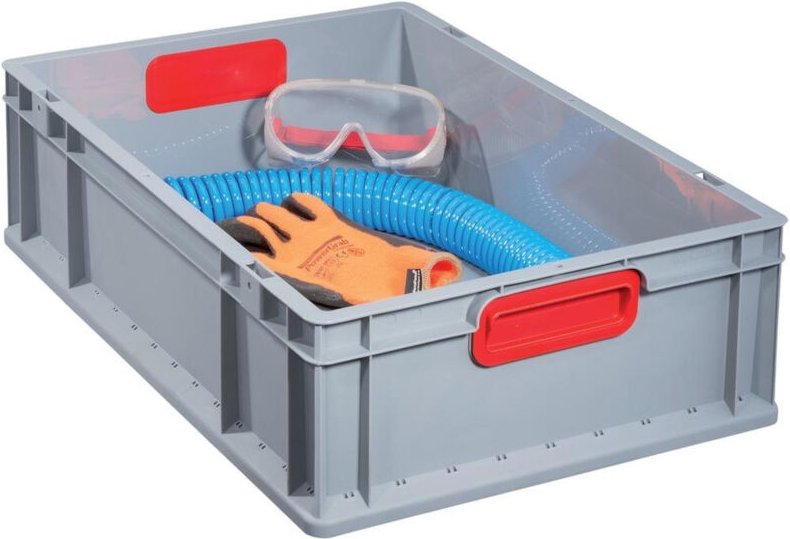 Transportstapelbehälter L400xB300xH220mm grau pp geschlossener Griff rot Seitenwände geschlossen