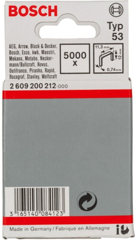 Feindrahtklammer Typ 53, 11,4 x 0,74 x 12 mm, 5000er-Pack - Bosch