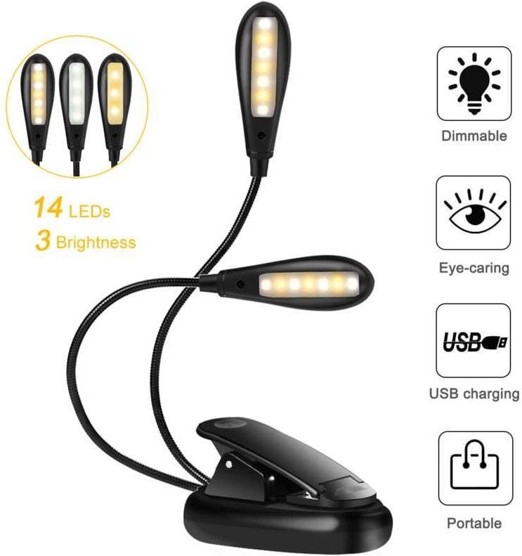 LED-Leselampe mit 14 USB-wiederaufladbaren LEDs und Augenschonfunktionen, dimmbare, flexible Doppelkopf-Klemmleuchte zum...