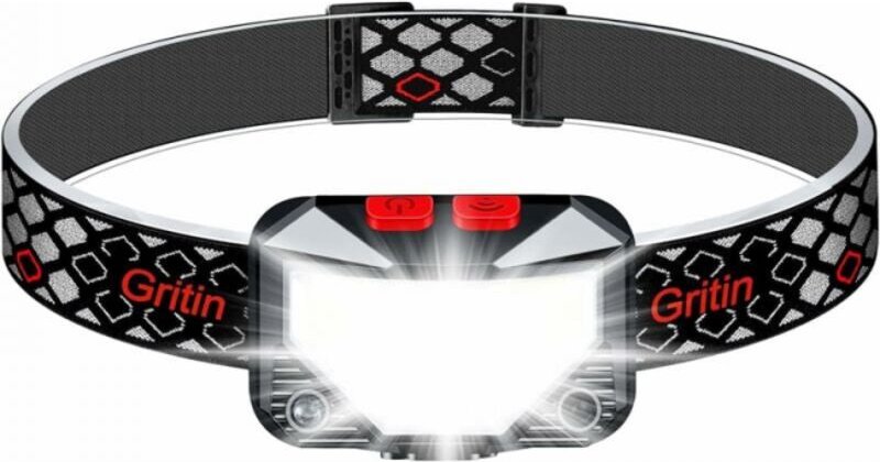 Gritin LED-Stirnlampe wiederaufladbar, superhelle Stirnlampe mit 8 Beleuchtungsmodi, Bewegungssensor & rotem Licht, IPX5...