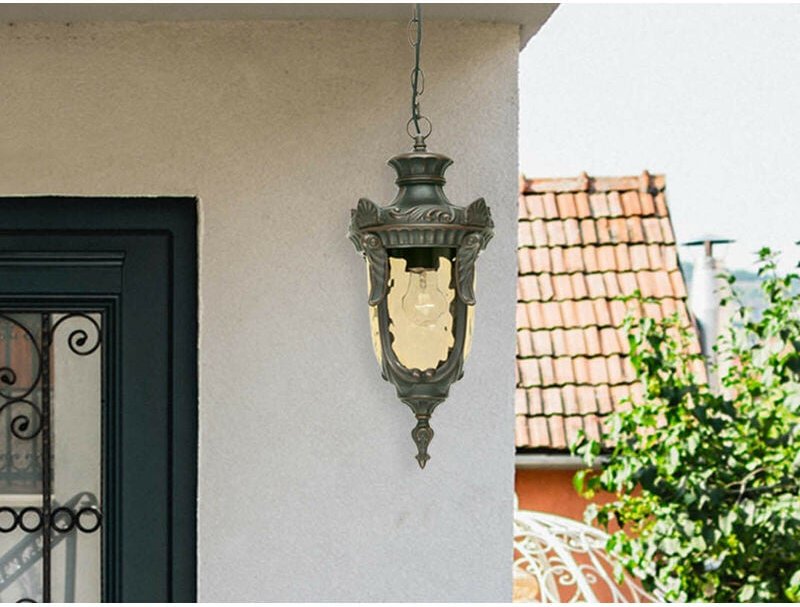 Led Außen Hängeleuchte im Jugendstil mit Amberglas, Ø19cm