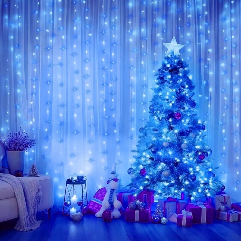 Weihnachtslichterkette, blaue Lichter, 3 x 2 m, mit Haken, 200 mm, hängende Lichterkette als Weihnachtsdekoration.