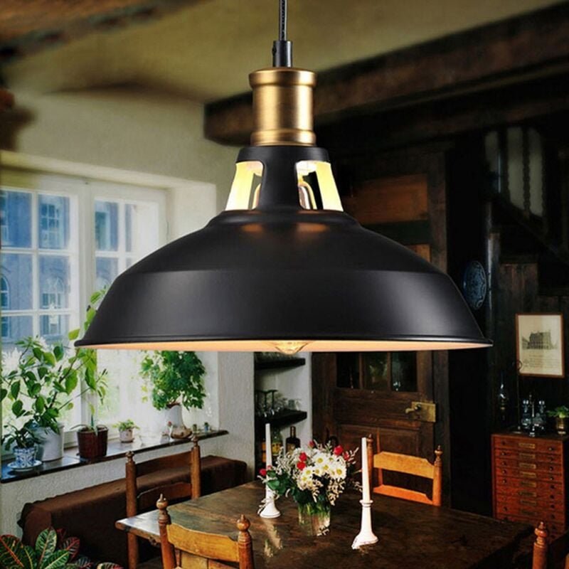 Vintage Pendelleuchte Lampenschirm Hängelampe aus Metall Edisen E27 Lampe für Loft Esszimmer Wohnzimmer Flur Schwarz & W...