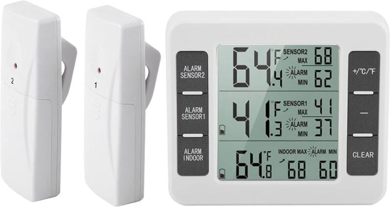 AMIR Kühlschrank-Thermometer, kabelloses Innen-Außen-Thermometer, Temperatursensor mit akustischem Alarm, Temperaturanze...