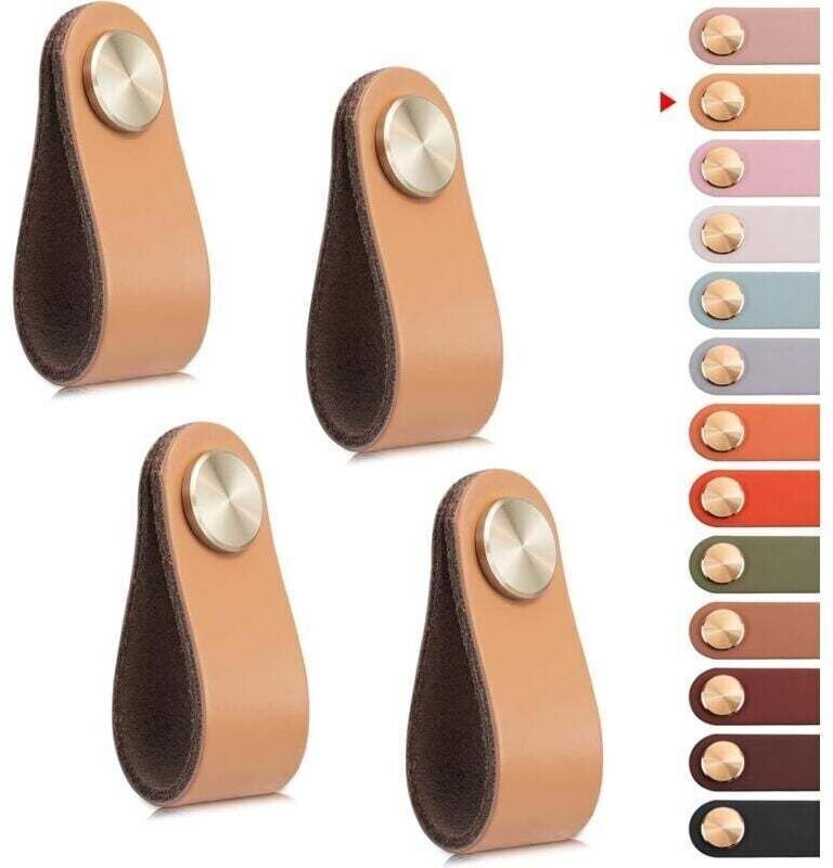 4 Stück Möbelgriffe aus Leder, Vintage-Stil, 140 mm x 25 mm Loch, beigefarbene Schubladen- und Schrankgriffe aus Rindsle...