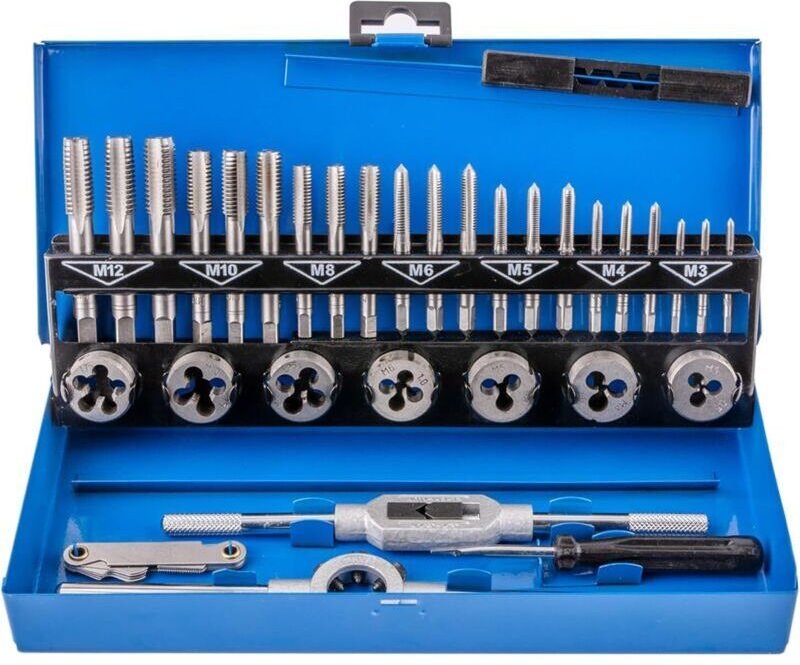 Satz mit 32 robusten metrischen Gewindebohrern und Schneideisen aus Wolframlegierung mit blauem Metallkoffer