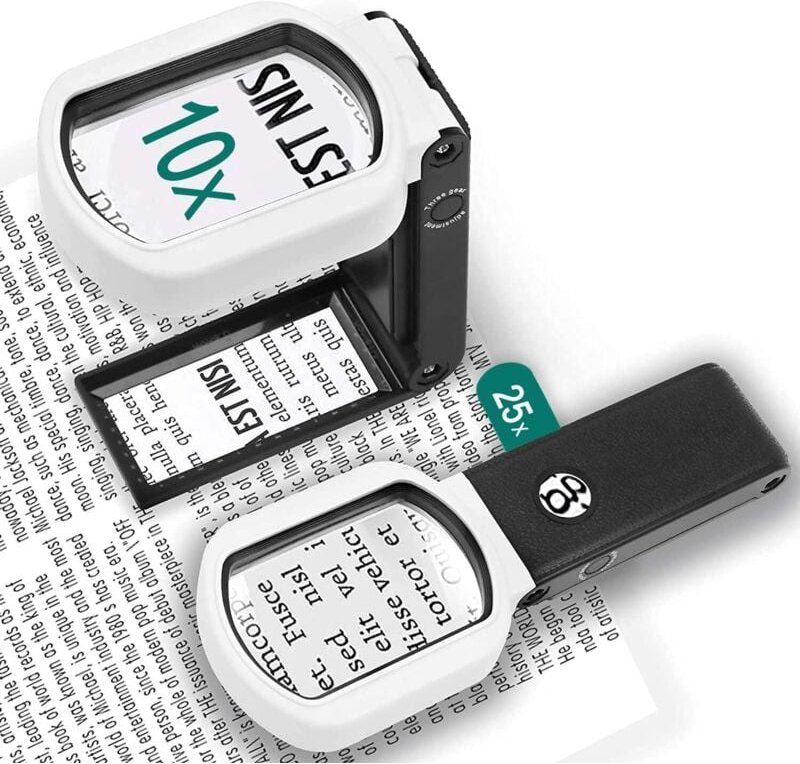 Fitags - 25-fache 10-fache Leselupe auf Ständer, Lupe mit 9 LED-Leuchten, freihändig, große Taschenlupe mit Licht, 3 Mod...