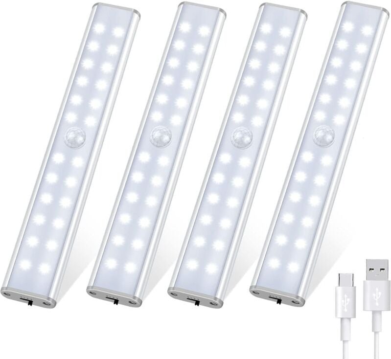 Thumbnail - 4 Stück 96 LED-Schrankleuchten, LED-Licht mit Bewegungsmelder, 3 Beleuchtungsmodi, wiederaufladbares LED-Licht, kabellos...