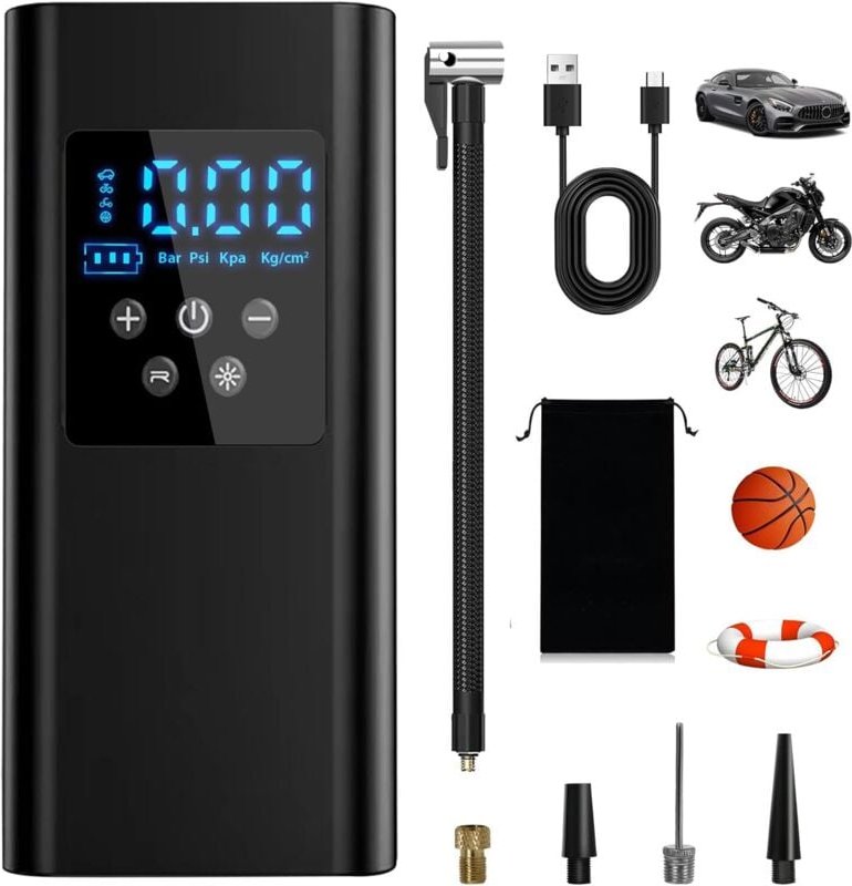 Thumbnail - Tonchean - 150 psi Autoreifenfüller, tragbarer 6000-mAh-Luftkompressor mit 4 Düsen und LED-Licht für Auto, Motorrad, Fah...