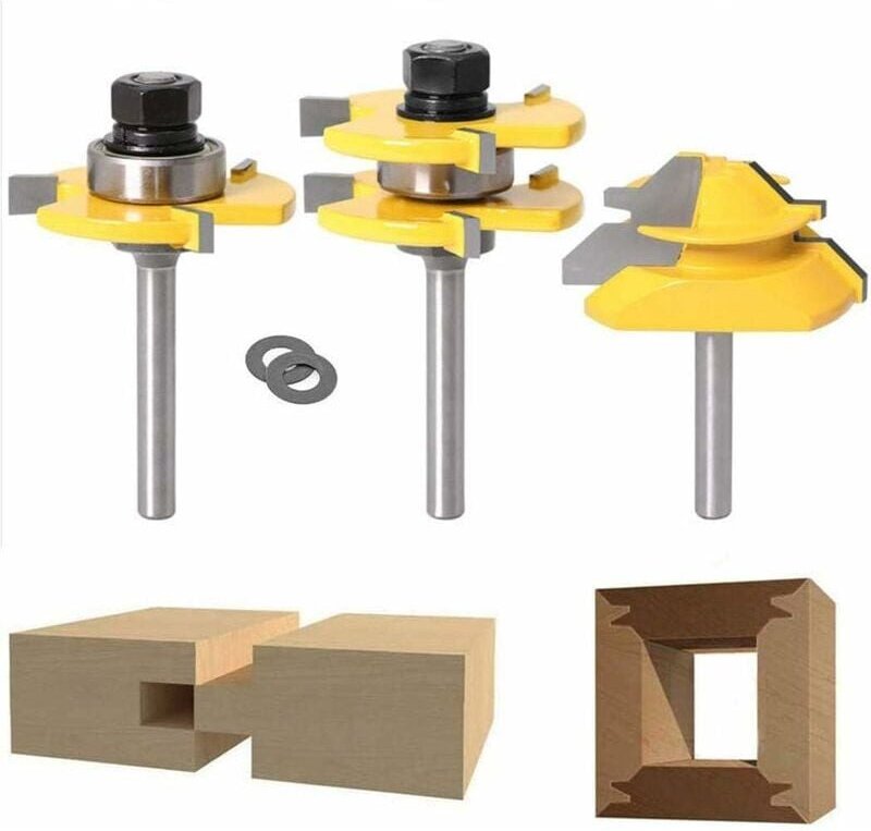 45-Grad-Gehrungsfräser + Zungenfräser + Nutfräser, Holzfräser für Tischlerwerkzeuge (1/4 Zoll (6,35 mm)) - Ymyny